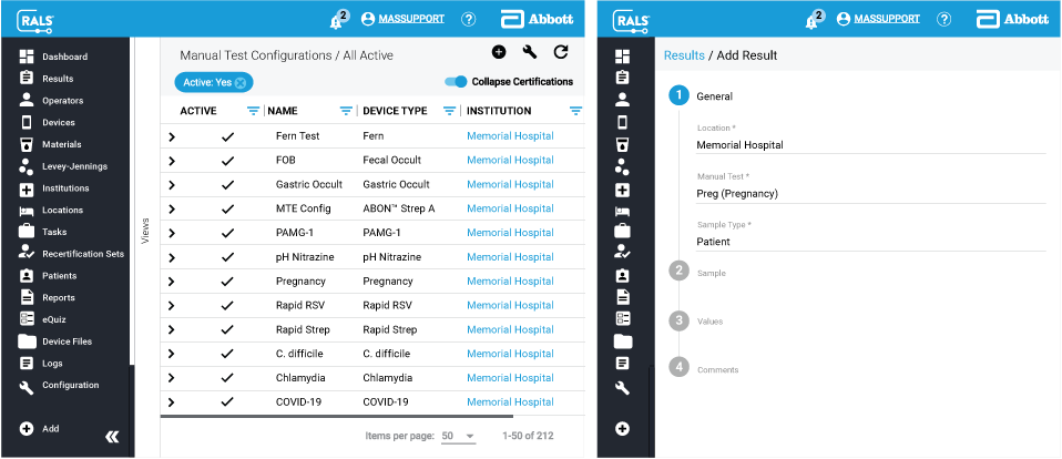 Desktop view of examples of the RALS Manual Test Entry (MTE) system.